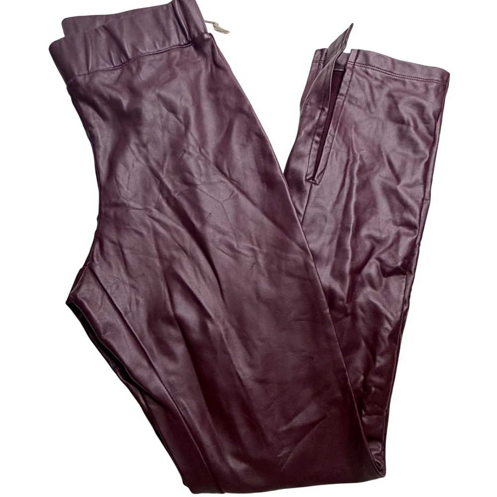 A New Day Womens Faux Leather Leggings Burgundy Side Slit Zip Pants Small